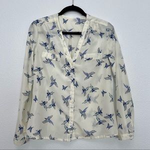 Women's Button Up Blue Birds Long Sleeve Blouse